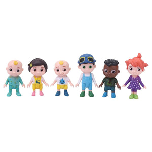 Set of six colorful toy figures on a white background