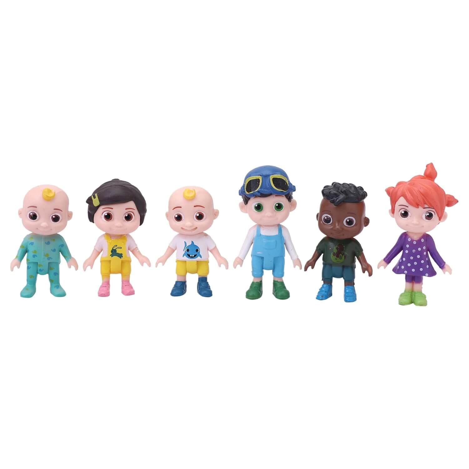 Set of six colorful toy figures on a white background