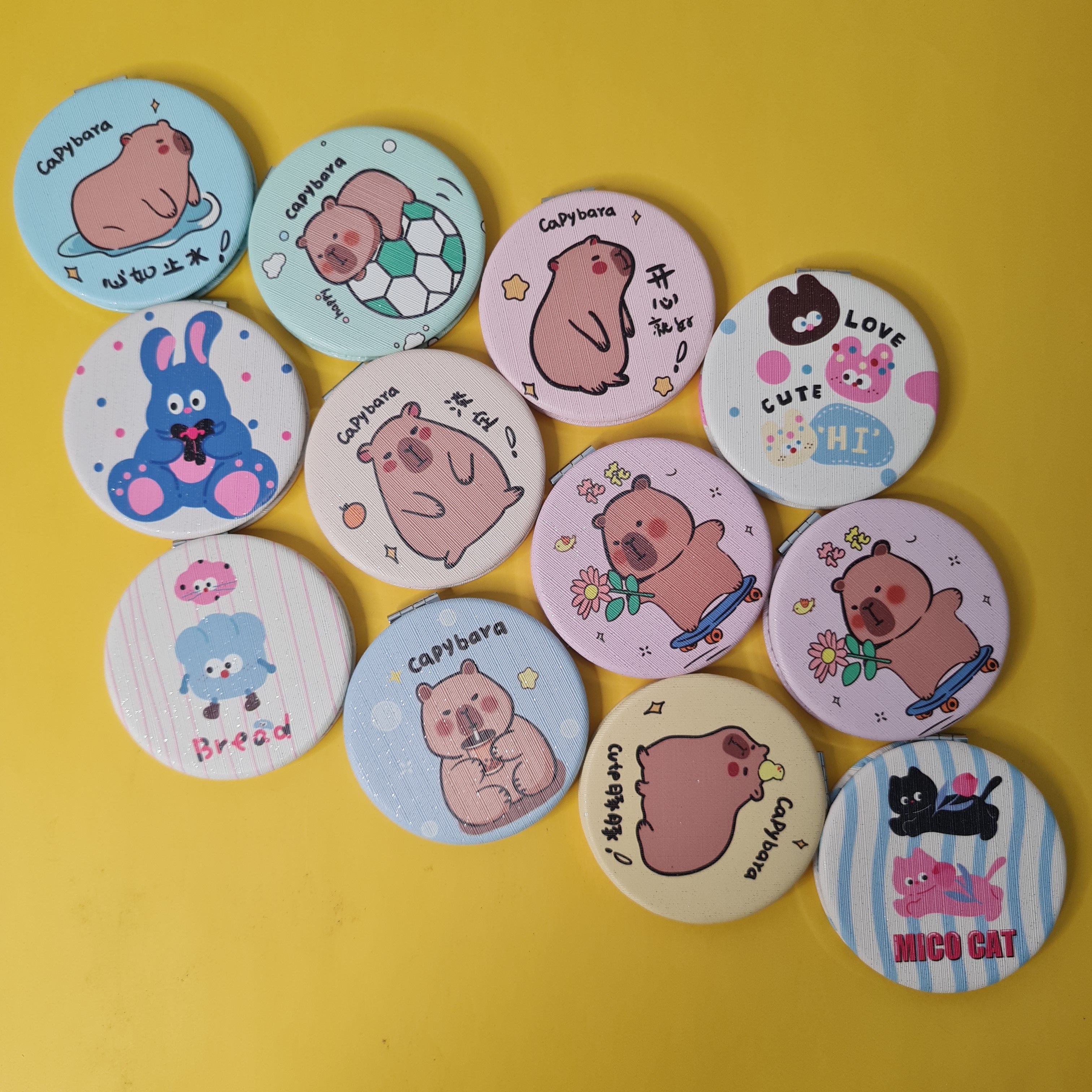 Set of cartoon character buttons on a yellow background