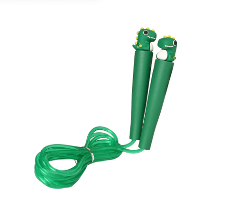 Green dinosaur-shaped jump rope on a white background