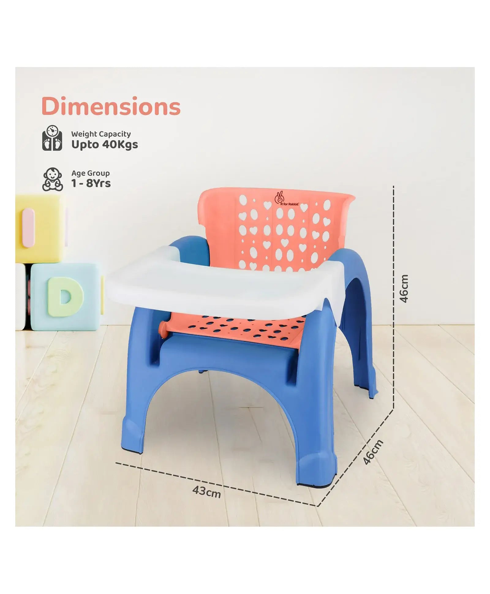Children's chair with dimensions and weight capacity on a white background