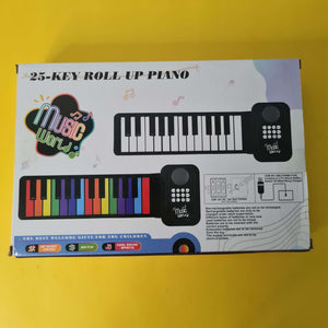 Image showing a 25-key silicone foldable hand roll piano, an electronic music toy perfect for children's learning and portable entertainment from U Smile Toys." www.usmile.toys