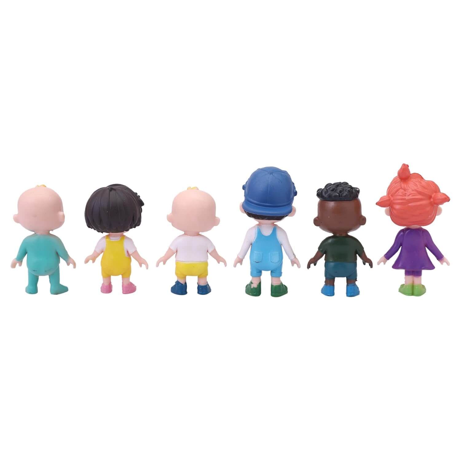 Set of six colorful figurines with different hairstyles and outfits on a white background