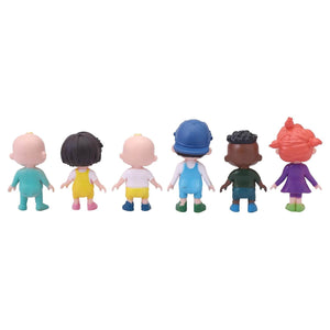 Set of six colorful figurines with different hairstyles and outfits on a white background