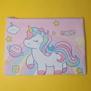 Pink pouch with a unicorn design on a yellow background