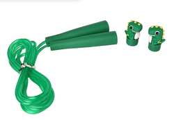 Green jump rope with dinosaur-shaped handles on a white background