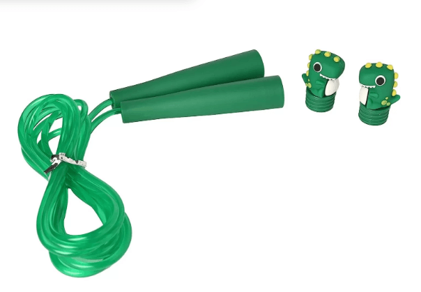 Green jump rope with dinosaur-shaped handles on a white background