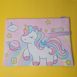 Pink pouch with a unicorn design on a yellow background