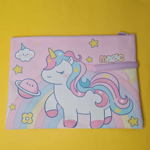 Pink pouch with a unicorn design on a yellow background