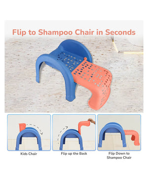Two plastic chairs, one blue and one pink, with text indicating they can be flipped to function as a shampoo chair.