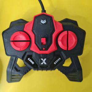 Black and red gaming controller on a yellow background