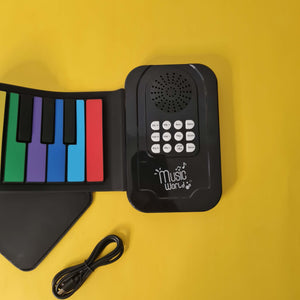 Image showing a 25-key silicone foldable hand roll piano, an electronic music toy perfect for children's learning and portable entertainment from U Smile Toys." www.usmile.toys
