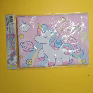 Pink A4 zipper bag with unicorn design on a yellow background