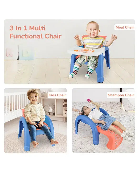 3-in-1 multi-functional chair used as a meal, kids, and shampoo chair with children using it.