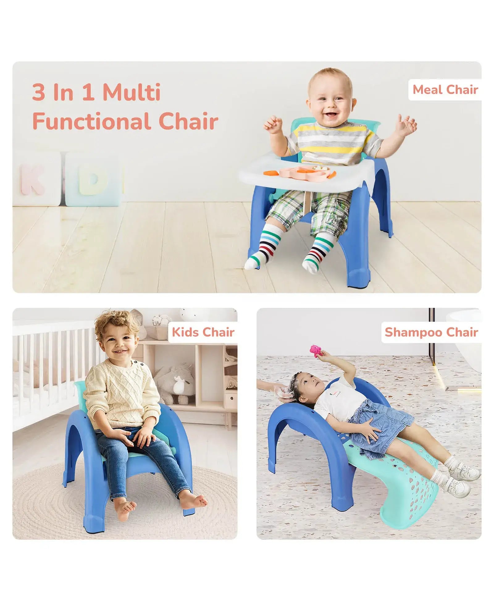 3-in-1 multi-functional chair used as a meal, kids, and shampoo chair with children using it.