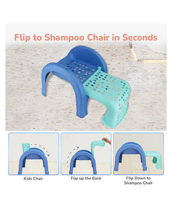 Two-stage chair that converts from a kids' chair to a shampoo chair with flip-up back feature.