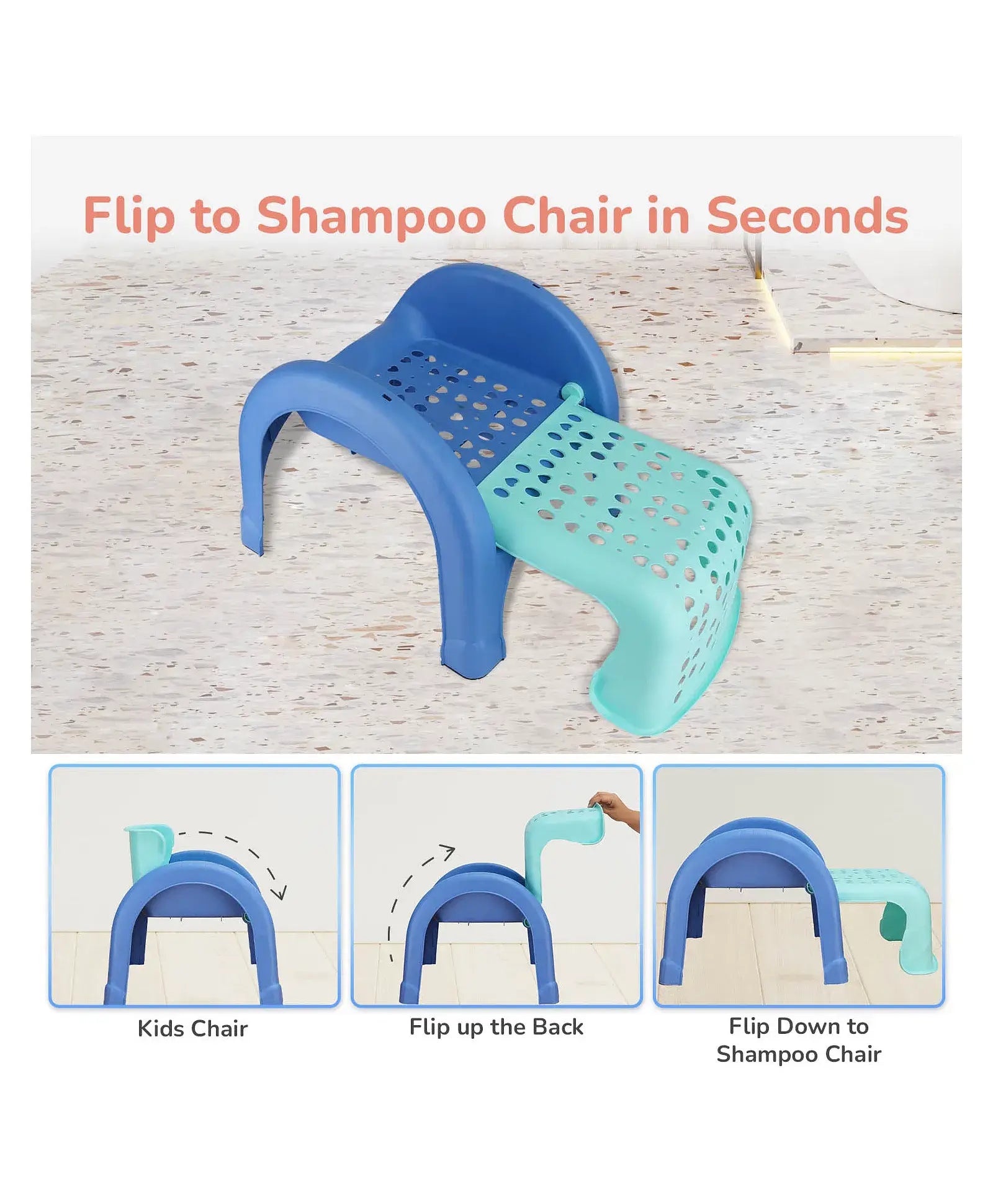 Two-stage chair that converts from a kids' chair to a shampoo chair with flip-up back feature.