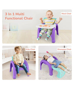 3-in-1 multi-functional chair used as a meal, kids, and shampoo chair with children using it.