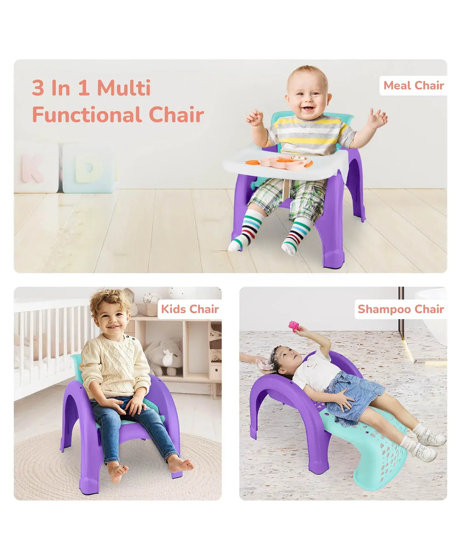 3-in-1 multi-functional chair used as a meal, kids, and shampoo chair with children using it.