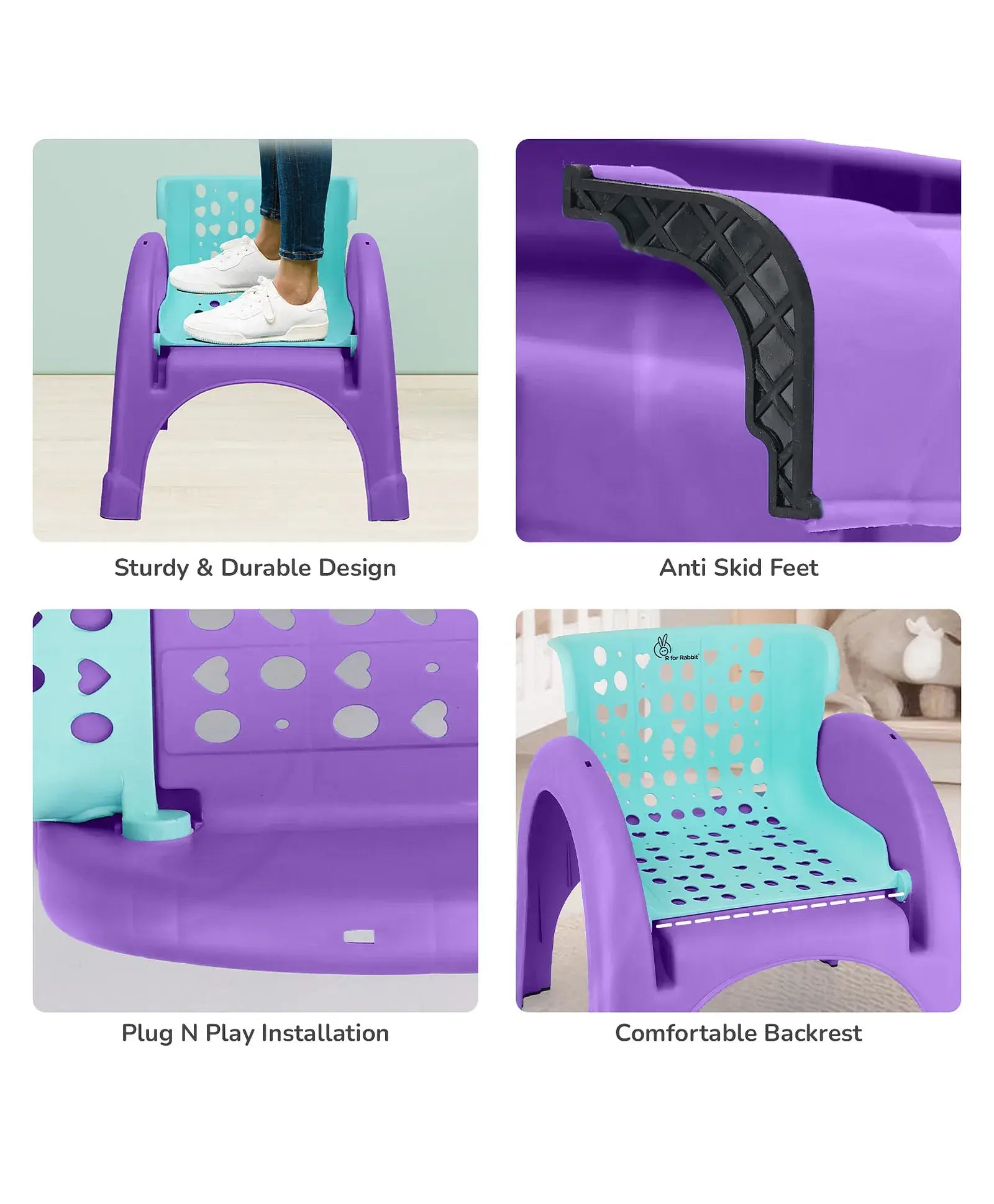 Purple children's chair with features highlighted on a white background