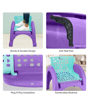 Purple children's chair with features highlighted on a white background