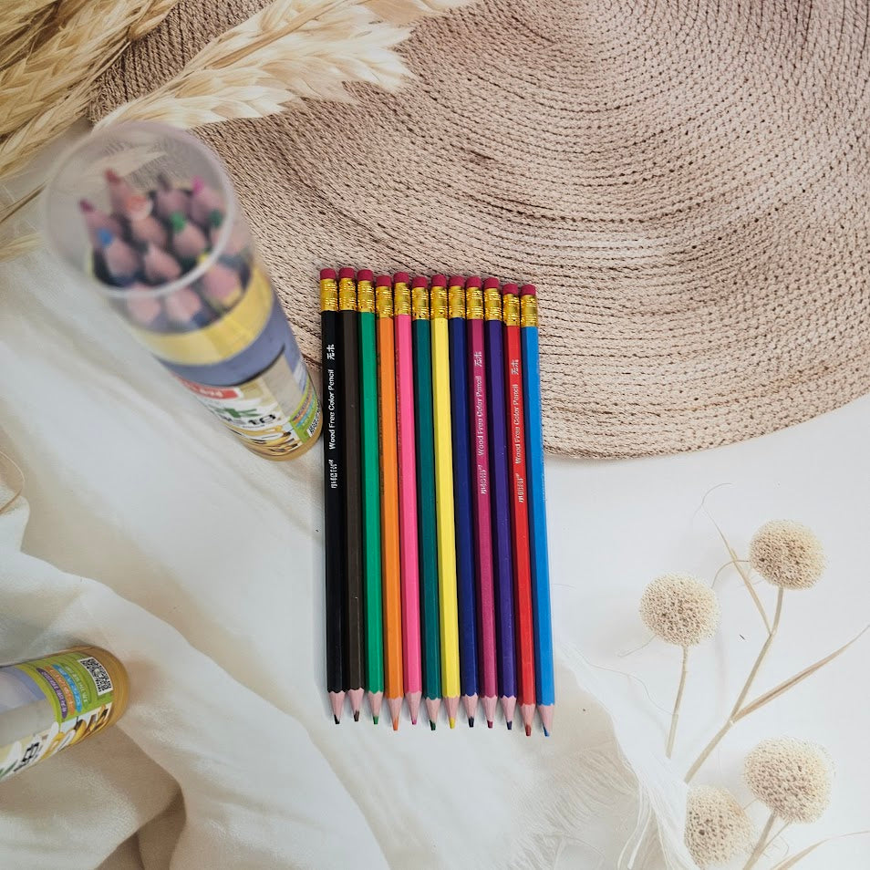 Close-up of a 12-piece pack of vibrant colored pencils, showcasing various shades, ideal for children's art and creative development from uSmile.toys.