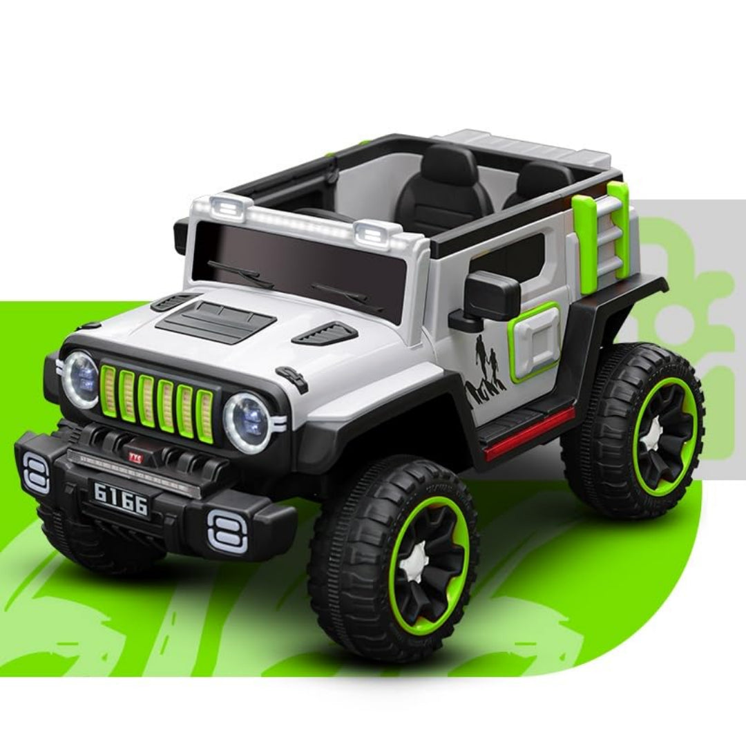 Toy jeep with green accents on a white background 12V Battery-Operated Ride-On 6166 Jeep with Remote Control for Kids (Ages 1-7) www.usmile.toys