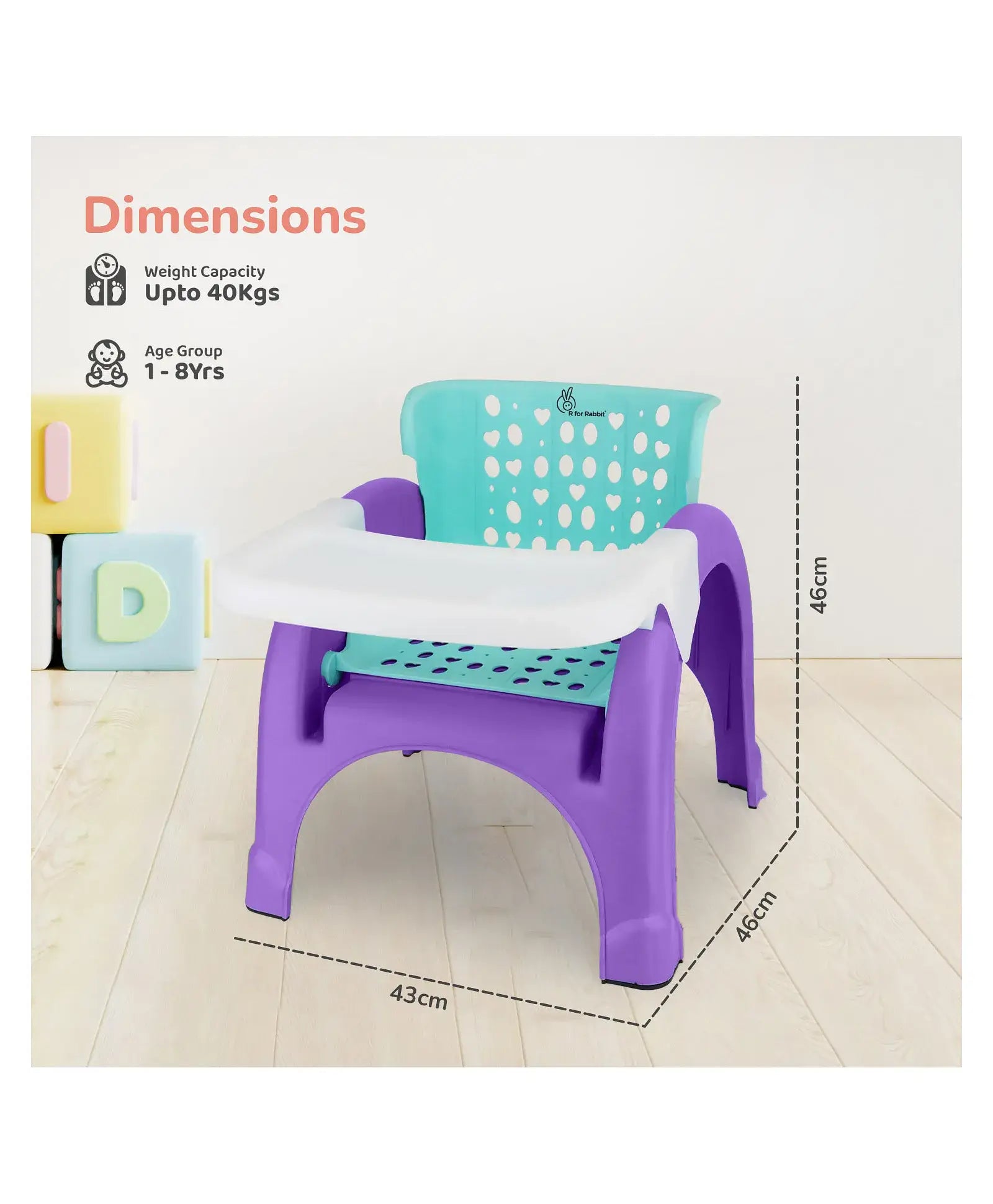 Children's chair with dimensions on a white background
