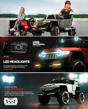 Children playing with a toy jeep, highlighting features like USB multimedia, LED headlights, and remote controls.
