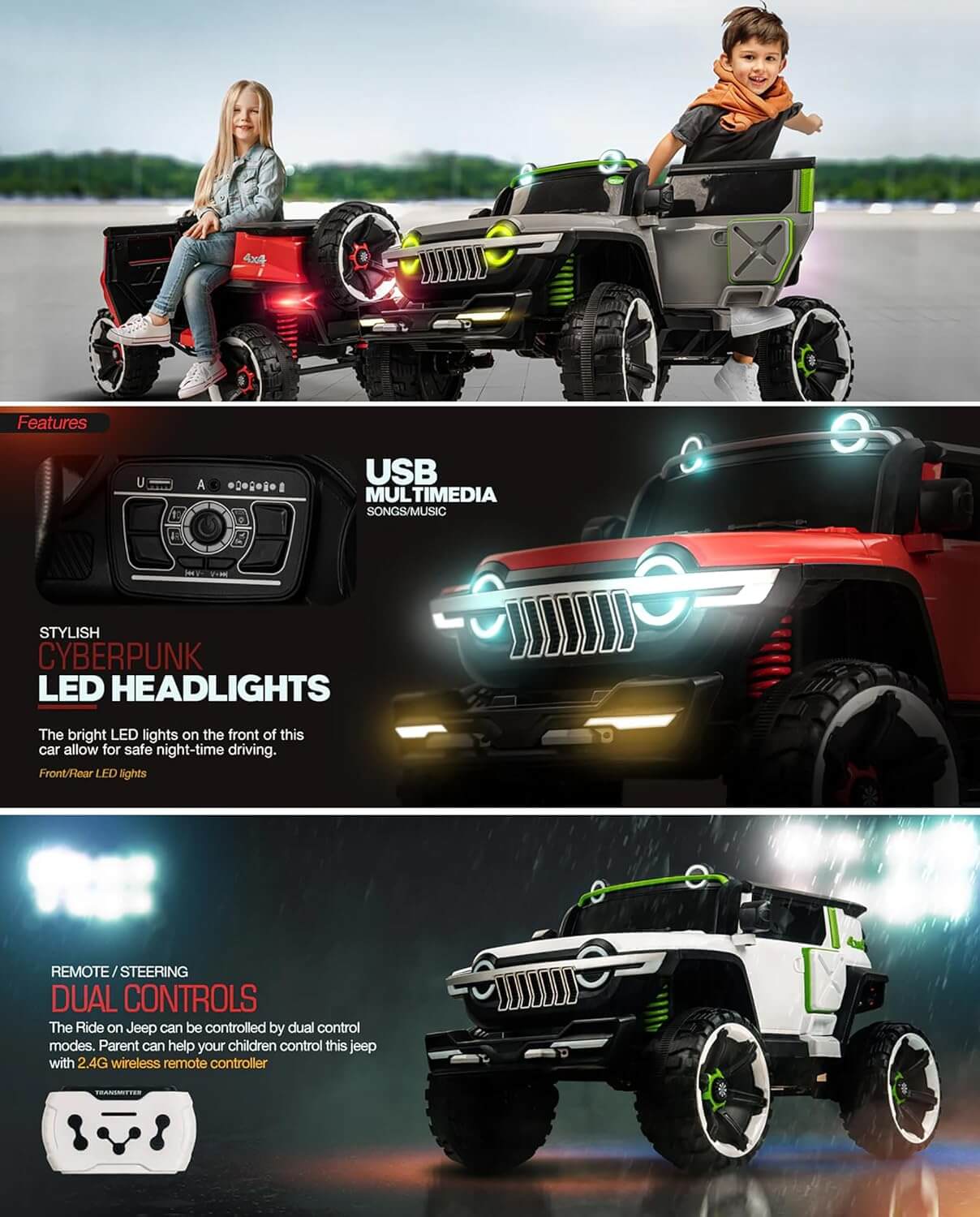 Children playing with a toy jeep, highlighting features like USB multimedia, LED headlights, and remote controls.
