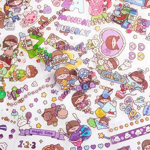 "Pack of 2000 waterproof vinyl transparent stickers for kids, featuring various cute daily life scenes with characters, furniture, and animals in pastel colors. Ideal for scrapbooking, journaling, or decorating from uSmile.toys." www.usmile.toys