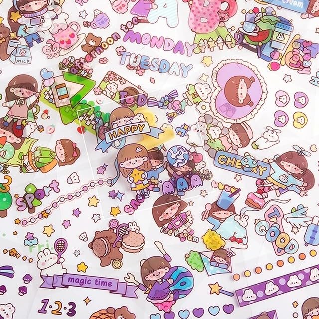 "Pack of 2000 waterproof vinyl transparent stickers for kids, featuring various cute daily life scenes with characters, furniture, and animals in pastel colors. Ideal for scrapbooking, journaling, or decorating from uSmile.toys." www.usmile.toys