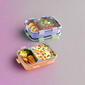 Stackable 2-compartment SS bento lunch boxes with leak-proof lids in purple and peach, suitable for school, office, or daily use. www.usmile.toys