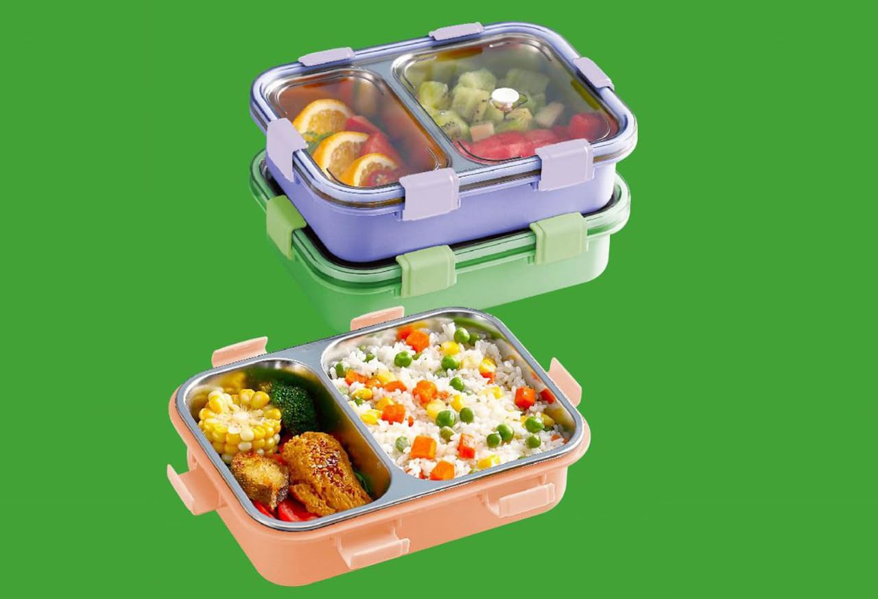 Usmile Toys 2-compartment stainless steel lunch boxes, perfect for separating hot and cold food for kids and adults.