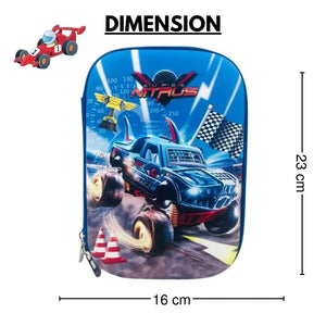 Red and black silicone pencil case for boys with a prominent 3D monster truck print engulfed in flames and lightning, featuring wheels and engine designs. Ideal for school stationery from uSmile.toys." www.usmile.toys