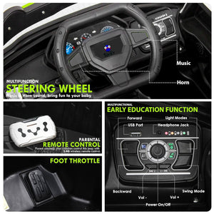 Collage of a toy car's dashboard with labeled steering wheel, remote control, and foot throttle functions.