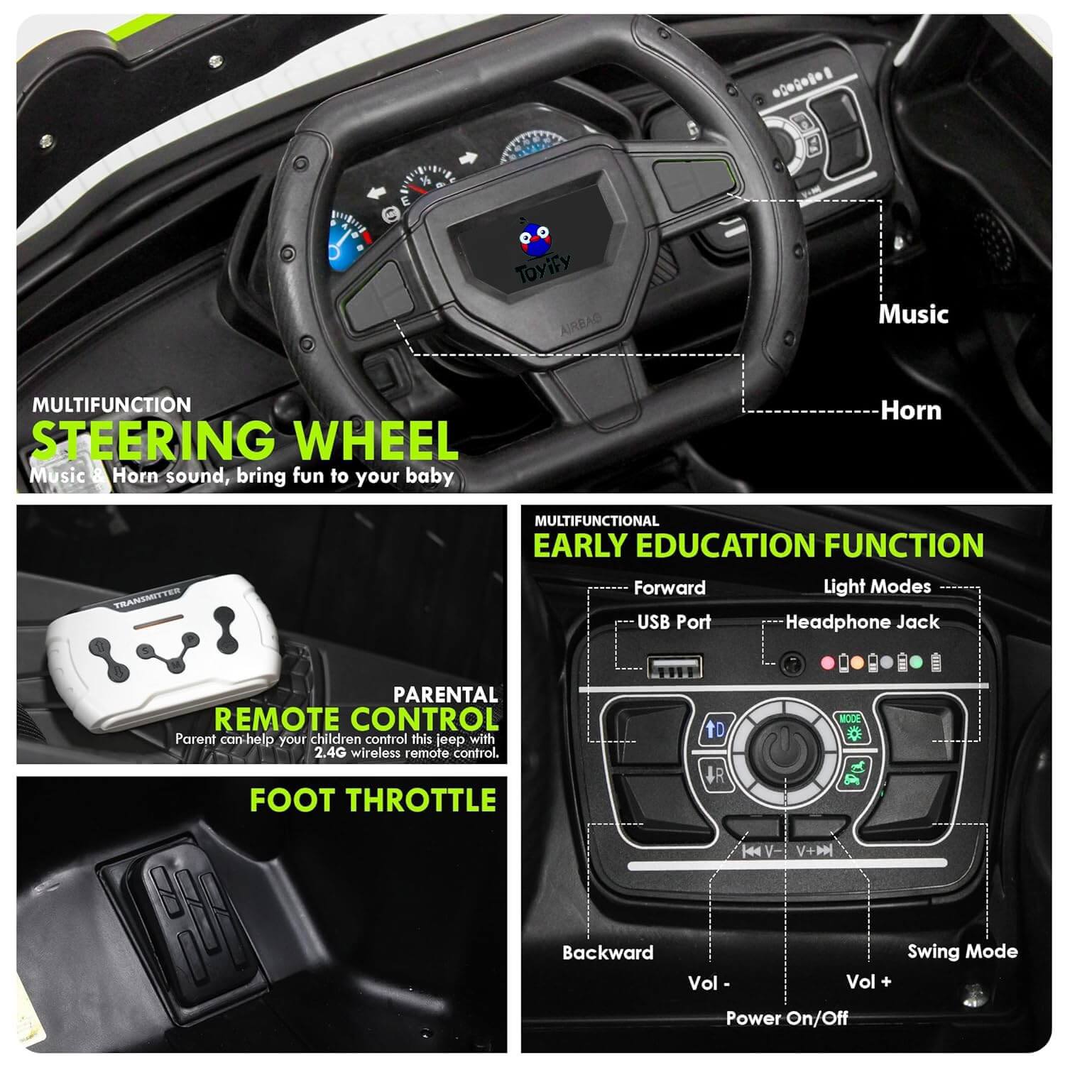 Collage of a toy car's dashboard with labeled steering wheel, remote control, and foot throttle functions.