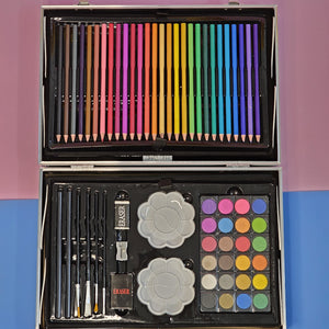 Kids' unicorn art set with markers, crayons, paints, and brushes. Portable art supplies for children, available at usmile.toys