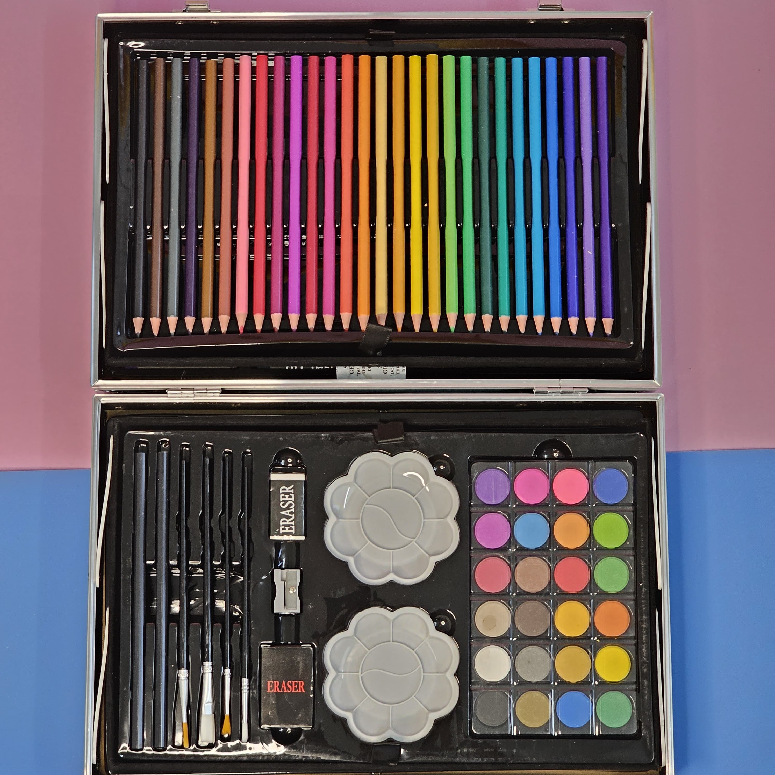 Kids' unicorn art set with markers, crayons, paints, and brushes. Portable art supplies for children, available at usmile.toys