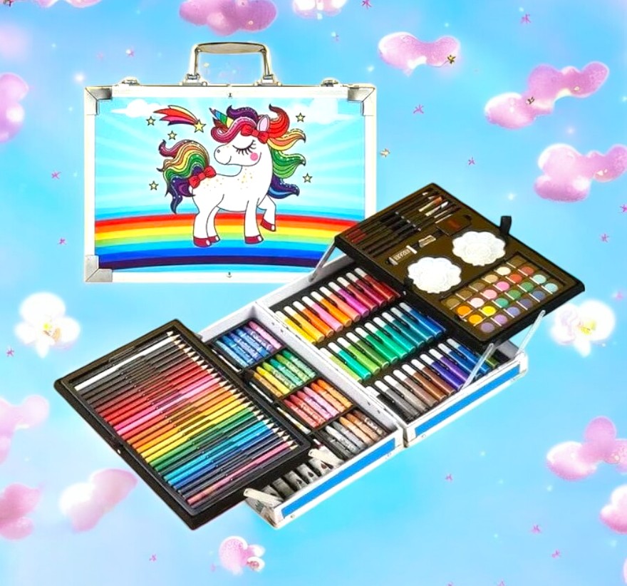 A silver art suitcase with a unicorn design is opened to reveal a comprehensive set of art supplies, including crayons, watercolor paints, watercolor pens, color pencils, watercolor cakes, mini crayons, paint brushes, erasers, palettes, and HB/2B pencils
