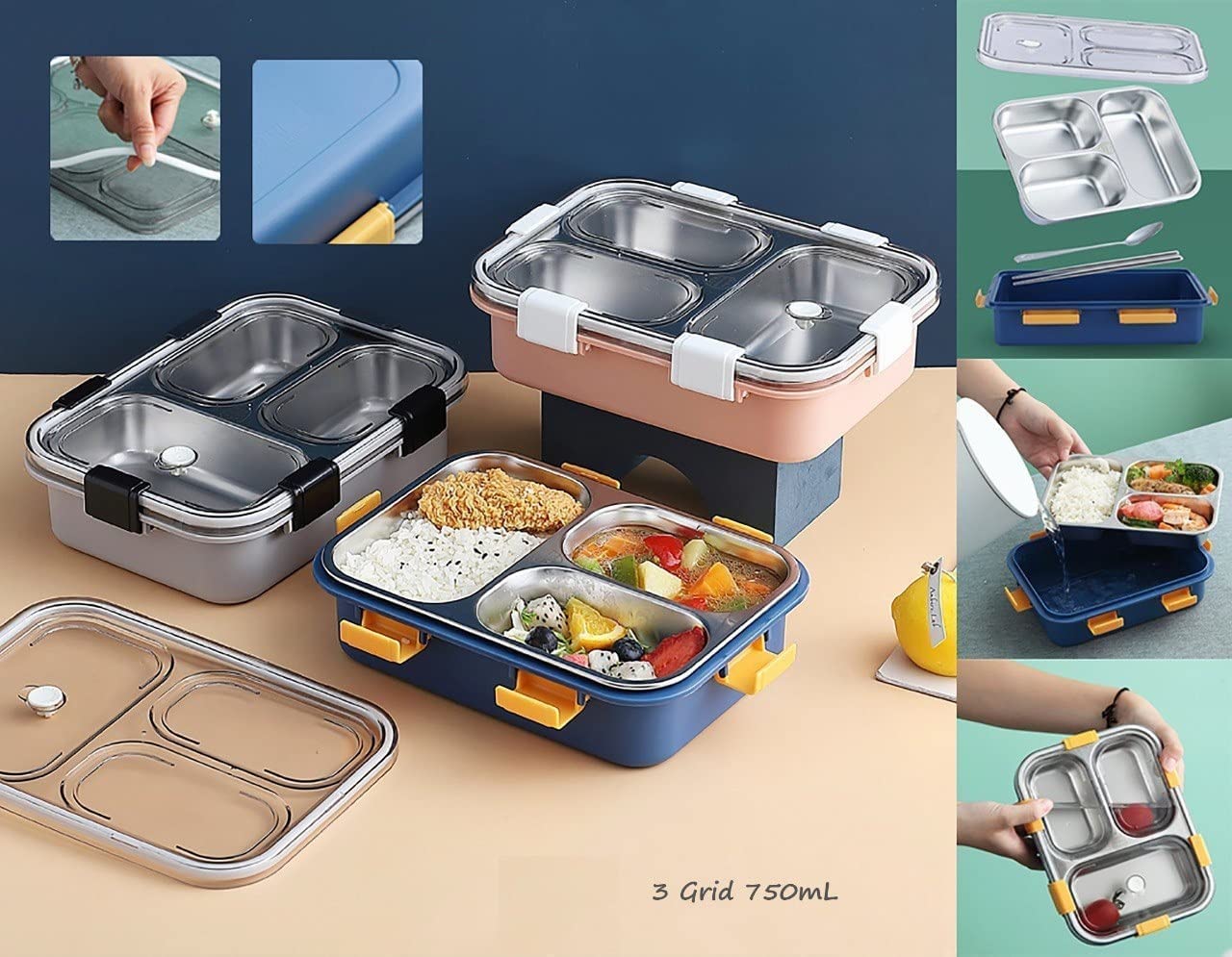Premium quality stainless steel lunch boxes with colorful airtight lids featuring white, black, and yellow clasps, perfect for kids and adults, displayed neatly alongside healthy meals including rice, fried snacks, fresh fruits, and soup. These stylish and durable lunch containers are ideal for school, office, and travel use. Available at www.usmile.toys, your trusted online store for toys, kids stationery, return gifts, baby products, and essentials. Enhance your lunchtime experience with our leakproof, mu