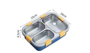 Premium quality stainless steel lunch boxes with colorful airtight lids featuring white, black, and yellow clasps, perfect for kids and adults, displayed neatly alongside healthy meals including rice, fried snacks, fresh fruits, and soup. These stylish and durable lunch containers are ideal for school, office, and travel use. Available at www.usmile.toys, your trusted online store for toys, kids stationery, return gifts, baby products, and essentials. Enhance your lunchtime experience with our leakproof, mu