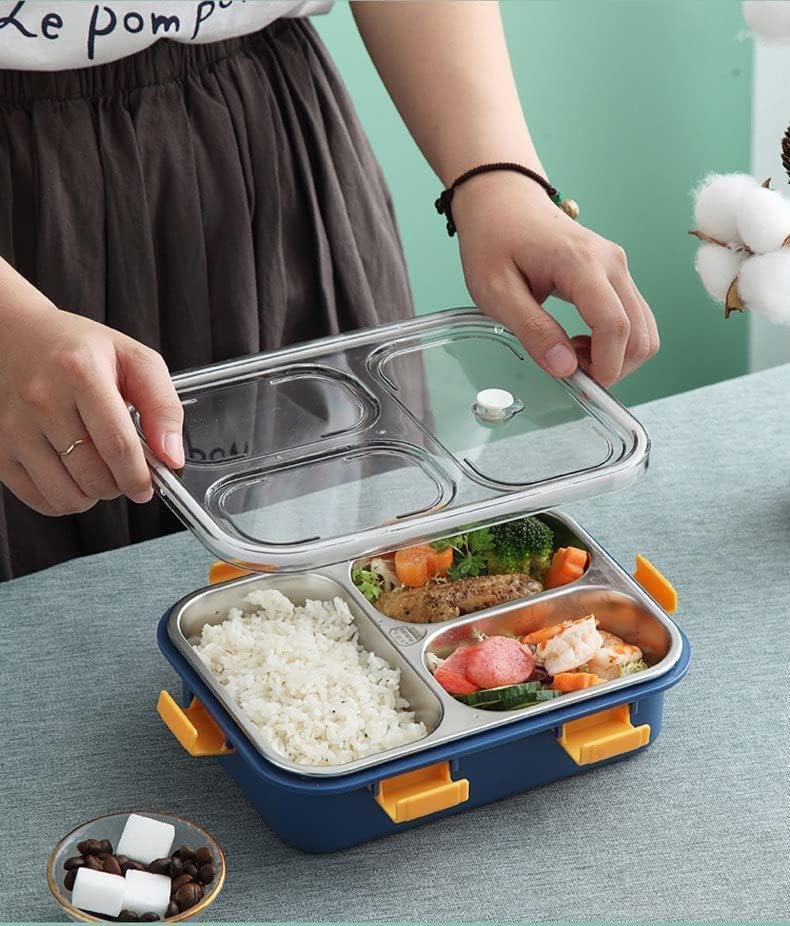 Premium quality stainless steel lunch boxes with colorful airtight lids featuring white, black, and yellow clasps, perfect for kids and adults, displayed neatly alongside healthy meals including rice, fried snacks, fresh fruits, and soup. These stylish and durable lunch containers are ideal for school, office, and travel use. Available at www.usmile.toys, your trusted online store for toys, kids stationery, return gifts, baby products, and essentials. Enhance your lunchtime experience with our leakproof, mu