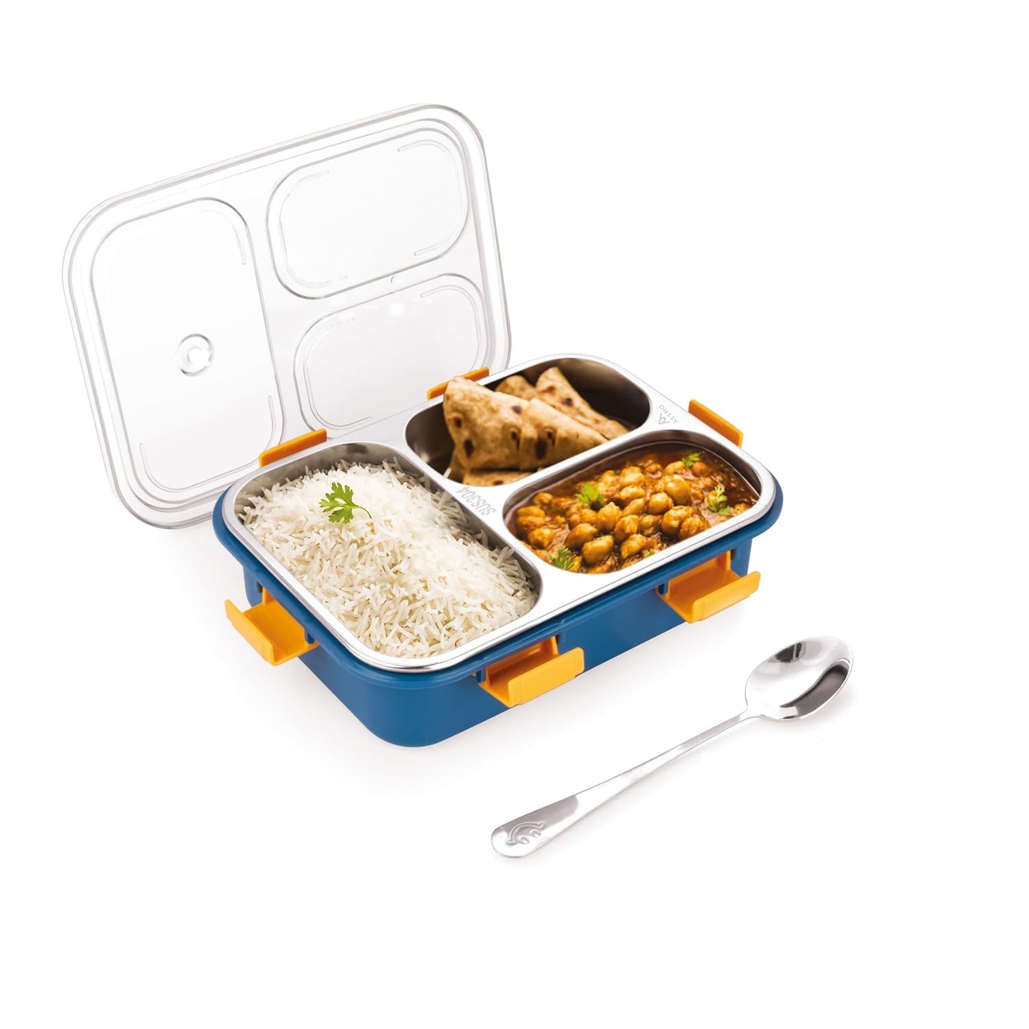 Premium quality stainless steel lunch boxes with colorful airtight lids featuring white, black, and yellow clasps, perfect for kids and adults, displayed neatly alongside healthy meals including rice, fried snacks, fresh fruits, and soup. These stylish and durable lunch containers are ideal for school, office, and travel use. Available at www.usmile.toys, your trusted online store for toys, kids stationery, return gifts, baby products, and essentials. Enhance your lunchtime experience with our leakproof, mu