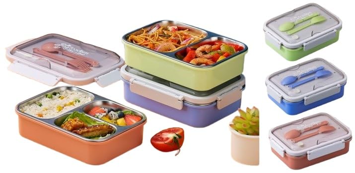Collection of three-compartment stainless steel lunch boxes for kids and adults, with colorful outer shells (pink, green, purple) and secure clip closures. One box is open, revealing rice, curry, and fruit. Ideal for meal prep and school lunches from uSmile.toys." www.usmile.toys