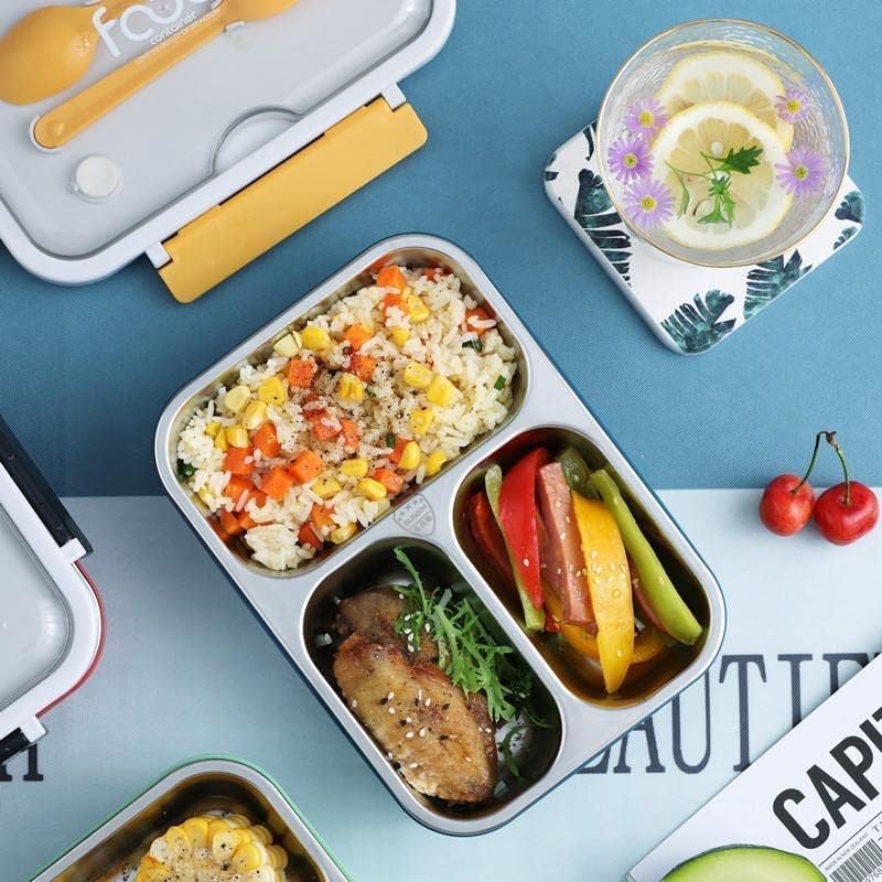 Collection of three-compartment stainless steel lunch boxes for kids and adults, with colorful outer shells (pink, green, purple) and secure clip closures. One box is open, revealing rice, curry, and fruit. Ideal for meal prep and school lunches from uSmile.toys." www.usmile.toys