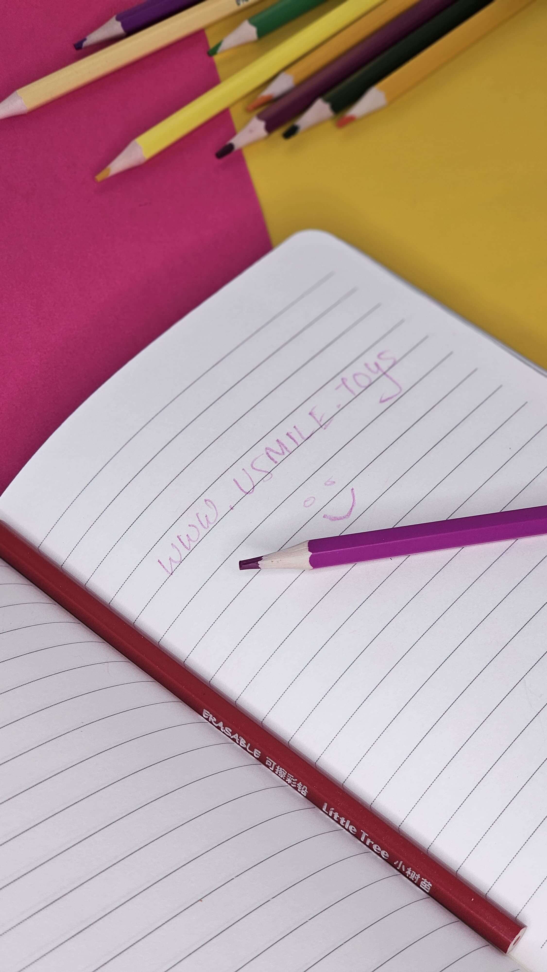 A new set of erasable colored pencils in a colorful,  ready for sketching and coloring by young artists from Usmile Toys. www.usmile.toys