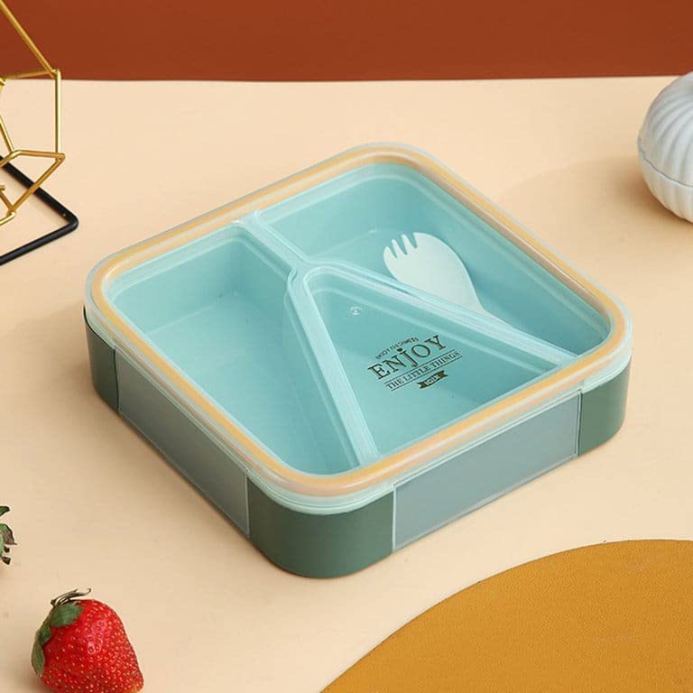 Stackable square bento lunch boxes with three compartments, available in pink, blue, and green, suitable for school, office, or daily use. www.usmile.toys