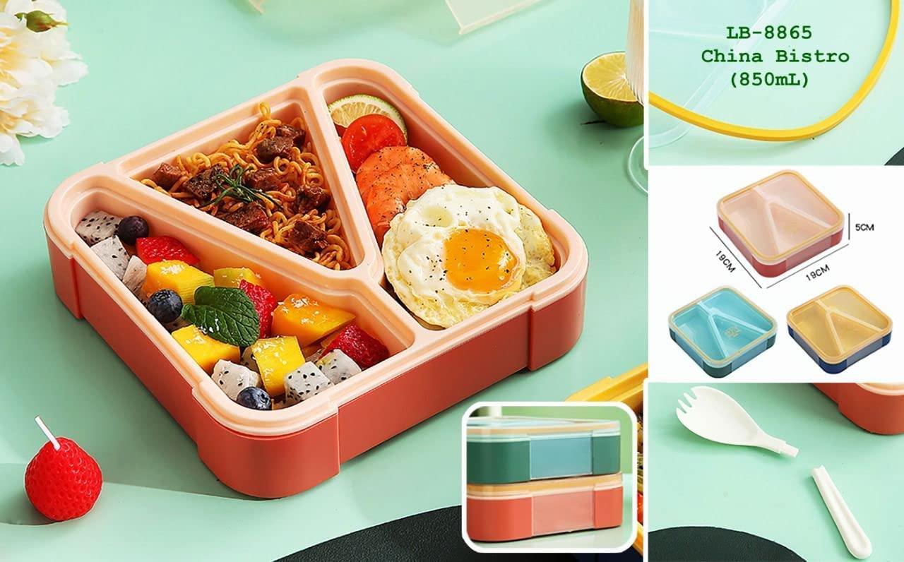 Stackable square bento lunch boxes with three compartments, available in pink, blue, and green, suitable for school, office, or daily use. www.usmile.toys