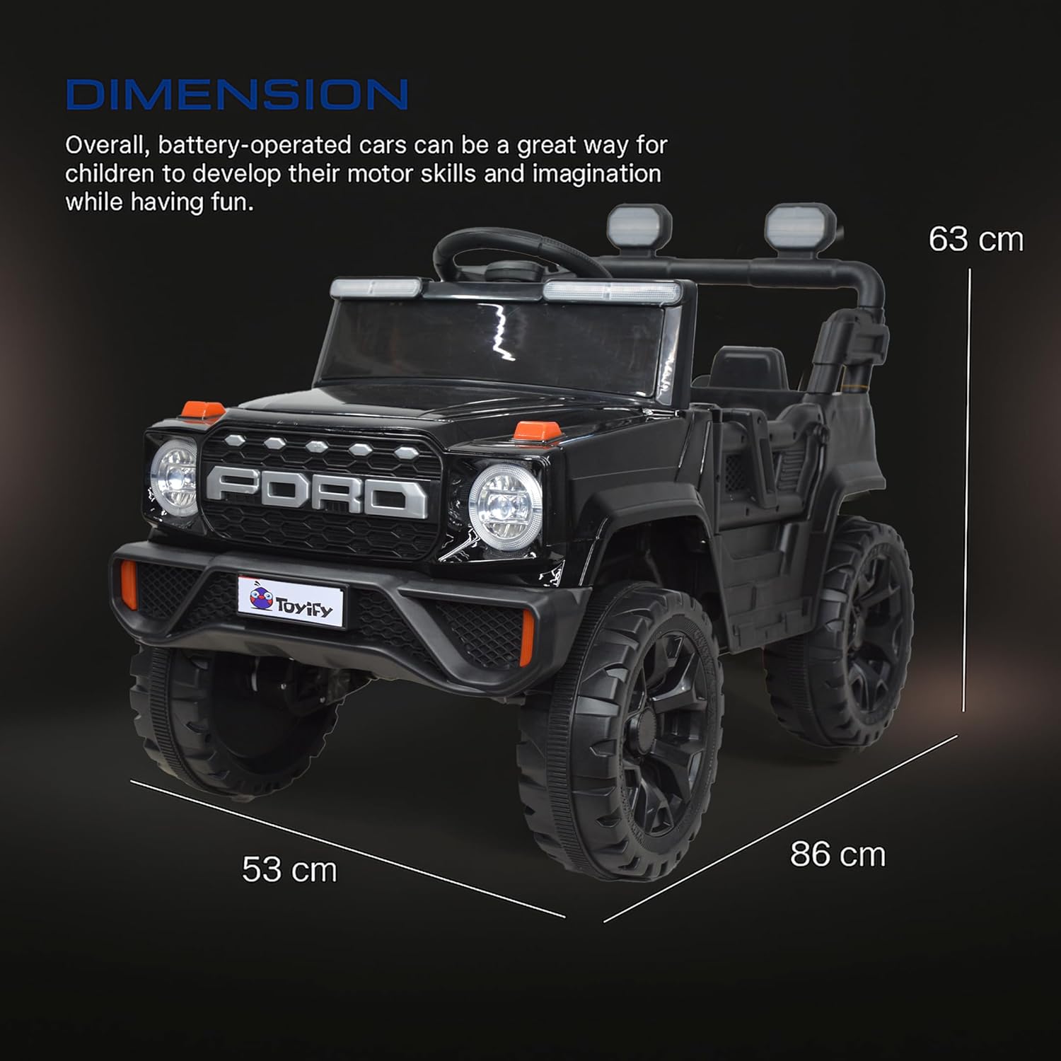 Black toy car with Ford logo and dimensions on a dark background www.usmile.toys_4x4_jeep_for_kids_1_to_6_years_-_Electric_Car_toy_ride_on01
